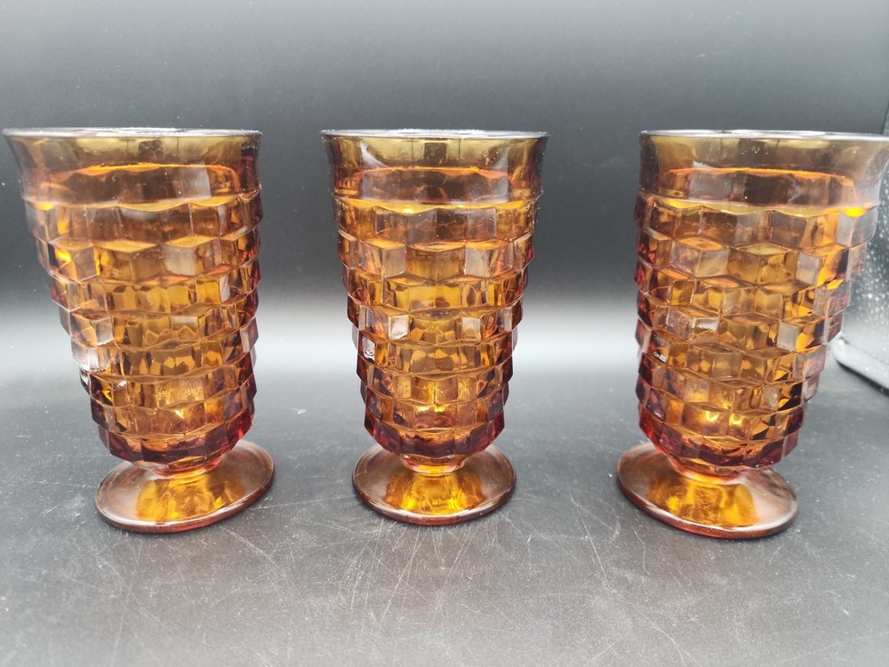 3 Lot Vtg Indiana Glass Whitehall Cubist Amber Footed Ice Tea Tumbler 6″ 12oz