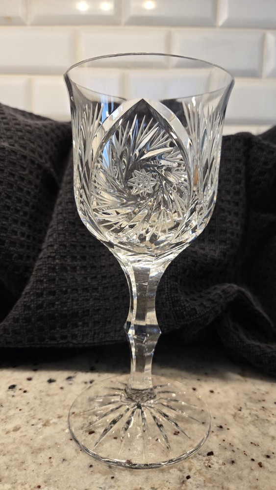 American Cut Eleanor Water Goblet Crystal Stemware Pinwheel Fan 7.125″ VTG