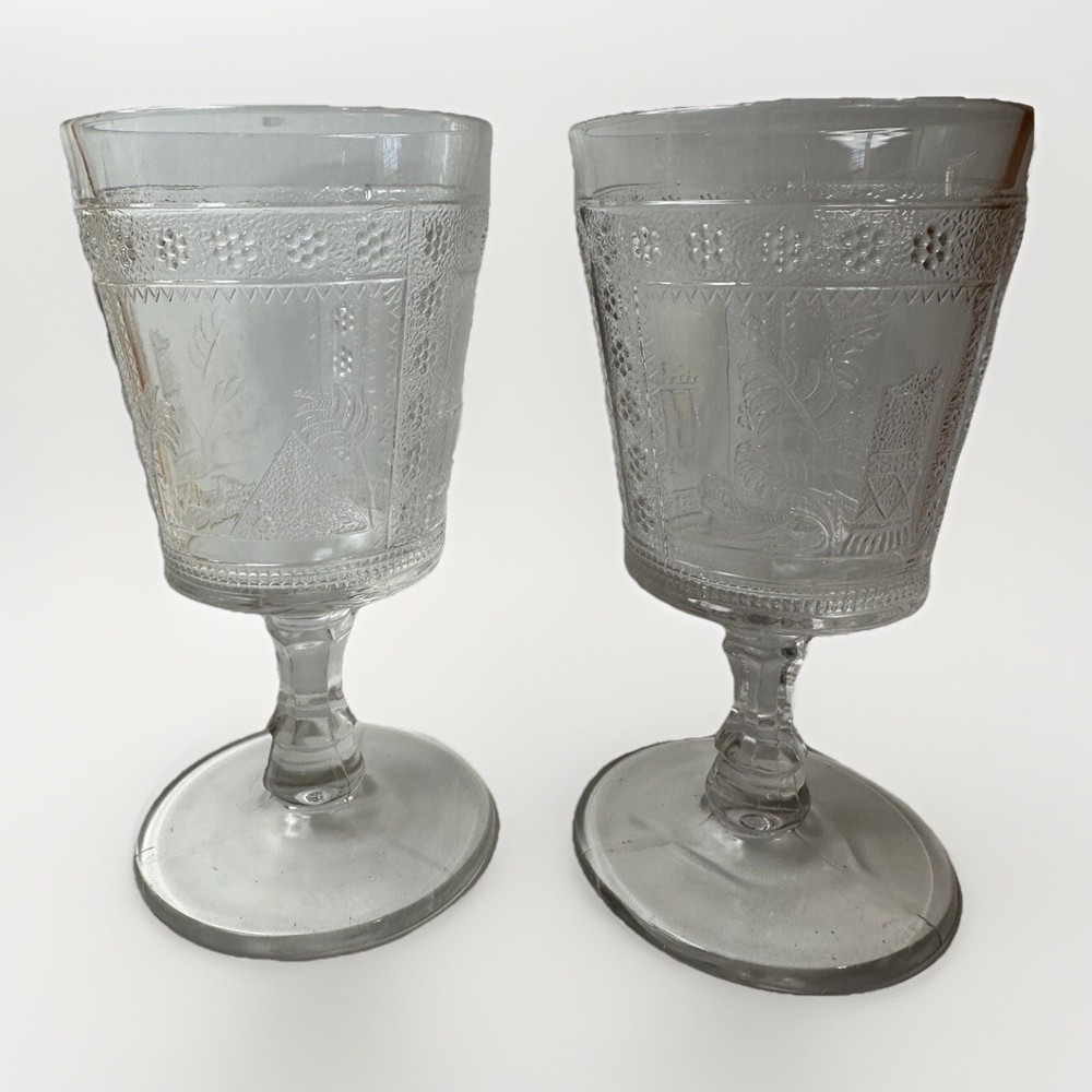 Pair Boston Sandwich Glass Goblets Egypt Revival Sphinx Pyramid 1870s Authentic