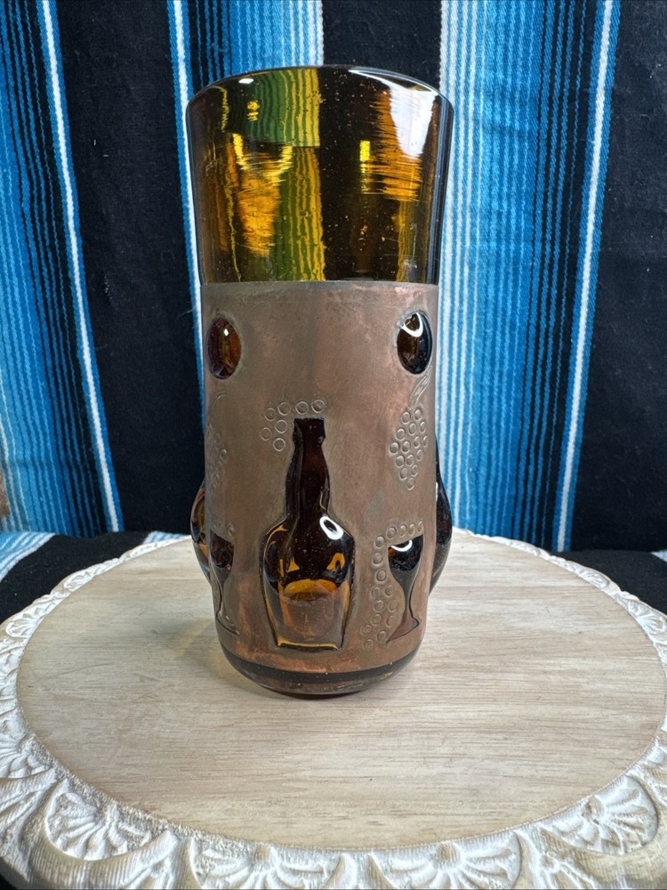 VTG MCM Felipe Derflingher Caged Art Glass Brutalist Highball Tumbler Amber-Rare