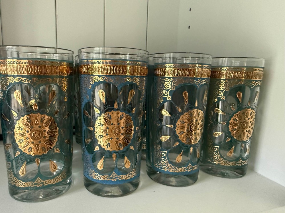 Set (12) Used Continental Can Company 22k Gold Glass Tumblers Mid Century Floral