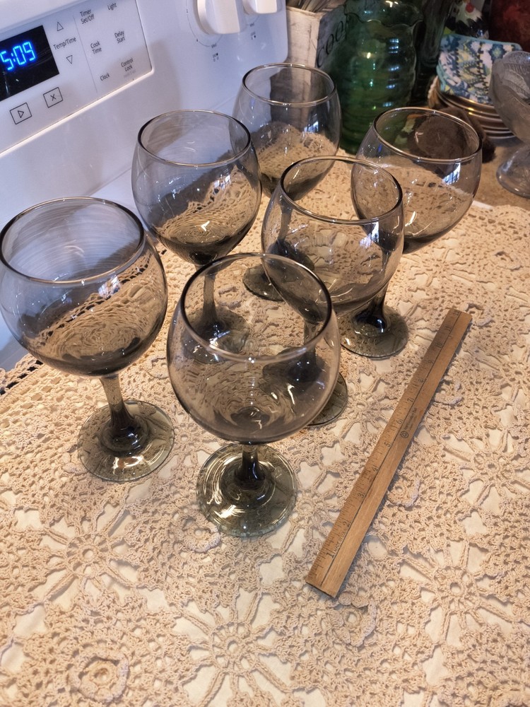 Vintage Wine Glasses 6 Smoke Grey Wine Libbey Goblets 1960-70s