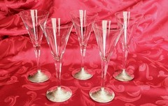 5 Crystal Wine Champagne Glasses With Marked Coin Silver Base 7 3/4″