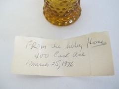 VINTAGE 3¾» AMBER BUBBLE BASE JUICE GLASS FROM SIBLEY HOME, ROCHESTER NY 3/25/76