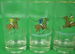 «Set x 5 Yellow & Blue Jersey c1950s Hand-Painted Polo Player Highball Glasses»