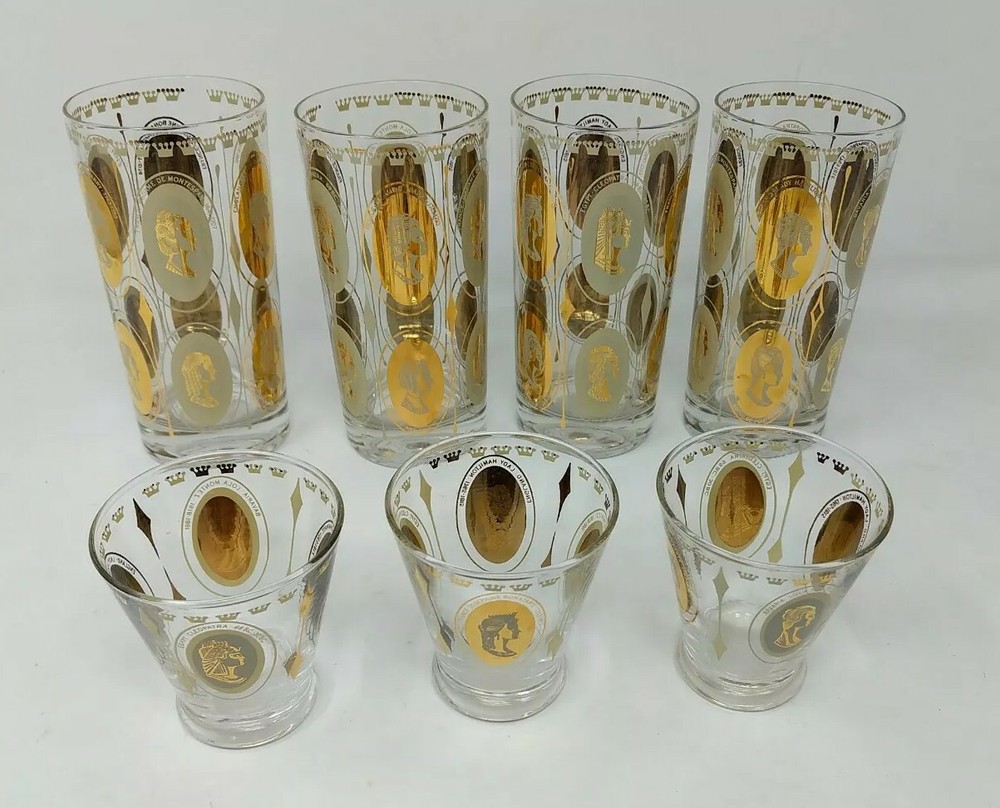 Gold Queen Women Portrait Highball Mid Century MCM Cosmopolitan Bar Glasses VTG