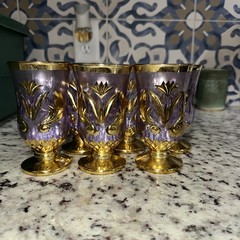Set of 6 purple & Gold Rose Stemmed Ornate Goblets Cut Glass Vintage Mid Century