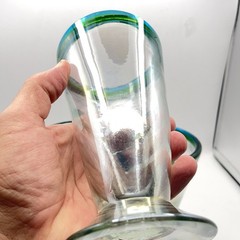 Three Hand Blown Stemware V-Shaped Glasses All Iridescent Green & Blue Band