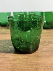 Vintage 70s Pilgrim Glass Green Crackle ~3.5″ Pinch Tumbler Set Of 7