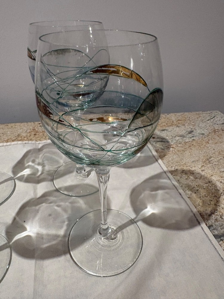 Set of 4 Contemporary Art Glass Wine Goblets. Hand-decorated with applied green