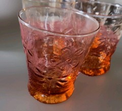 4 Vintage Amber Embossed Floral Glassware Set – Mid-Century Floral | 12 Oz