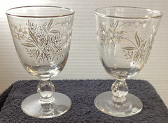 Set of 2 MCM Libbey Stemmed Lily of the Valley 5 in. Silver Rimmed Water Glasses