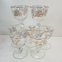 Vtg Libbey White Rose Bouquet Gold Trim Hostess Set of 7 Cocktail Glasses 4 oz.