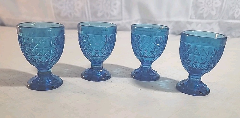 Set 4 Mini Ice Blue Goblets Pressed Glasses Diamond Cut Pattern 2.1/2 inches VTG
