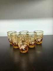 Set of 6 Vtg Libbey Amber Glass Etched Pine Cone Design Glasses About 3.5 Tall