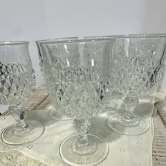 Vintage Indiana Glass Diamond Point Clear Water Goblets Set of 6 Stemware