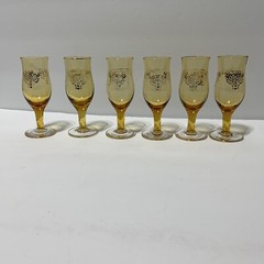 Vintage Set of 6 Amber Cordial Glass Footed w/ Gold Trim Clear Stem MCM
