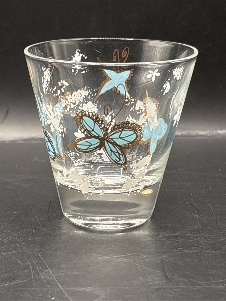 Vtg MCM Park Avenue Psyche Butterfly Shot Glass Blue Gold Gilt Sparkle Barware