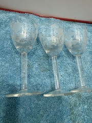 Vintage Set of 3 Etched Cordial Glasses Leaf & Dot Pattern MCM 5.2 in Tall