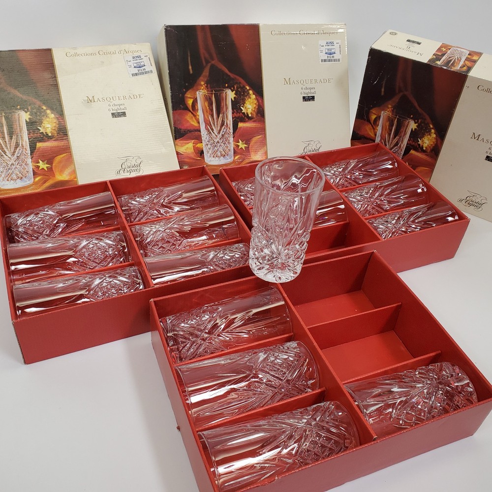 VTG Cristal d’Arques Masquerade 16pc Highball Glass Set NOS France Crystal