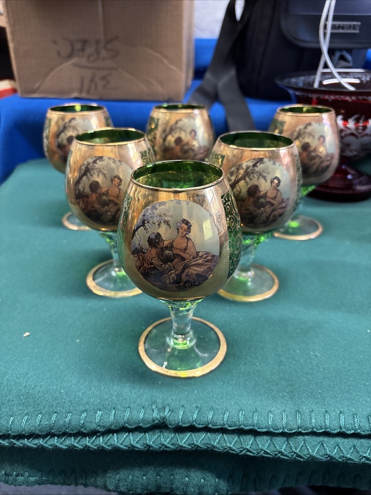 Set Of 6 Bohemian Green glass goblet w/ gold gilt & hand-painted Girl & Guy stem