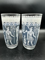 HAZEL ATLAS BLUE & WHITE EGYPTIAN HIEROGLYPHS HIGHBALL GLASS 16OZ Set of 2