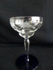 Weston Glass WGL2 Grey Cut Starflower Liquor Cocktail Glass w/ Cobalt Blue Foot
