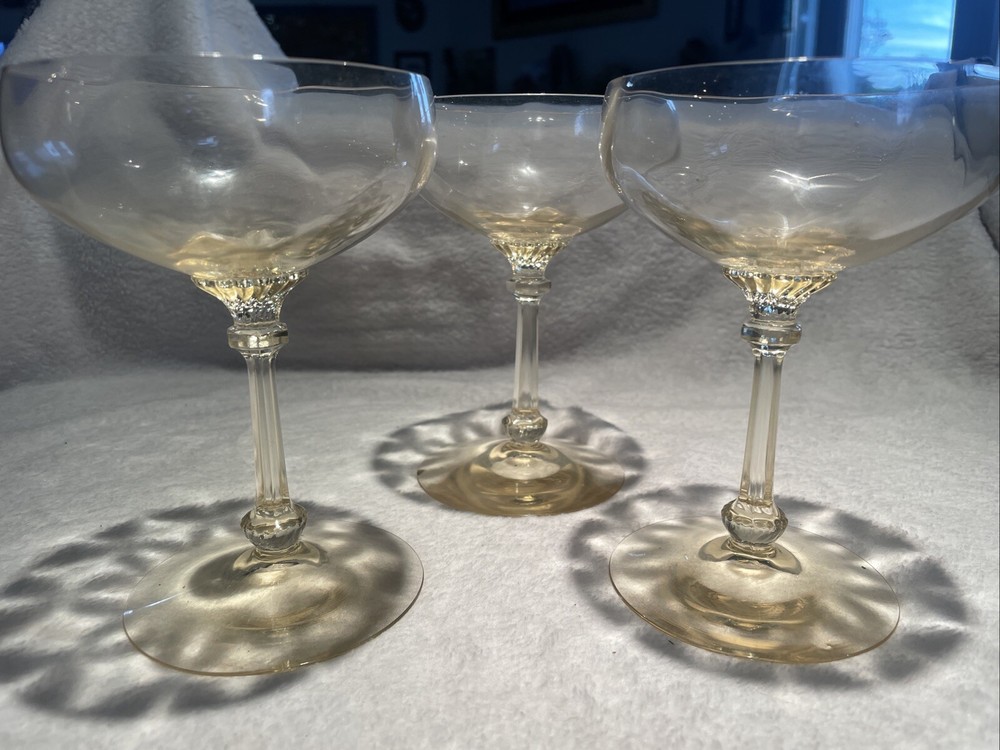 RARE SET OF 3 HEISEY OLD DOMINION SAHARA YELLOW CHAMPAGNE TALL SHERBET GLASSES