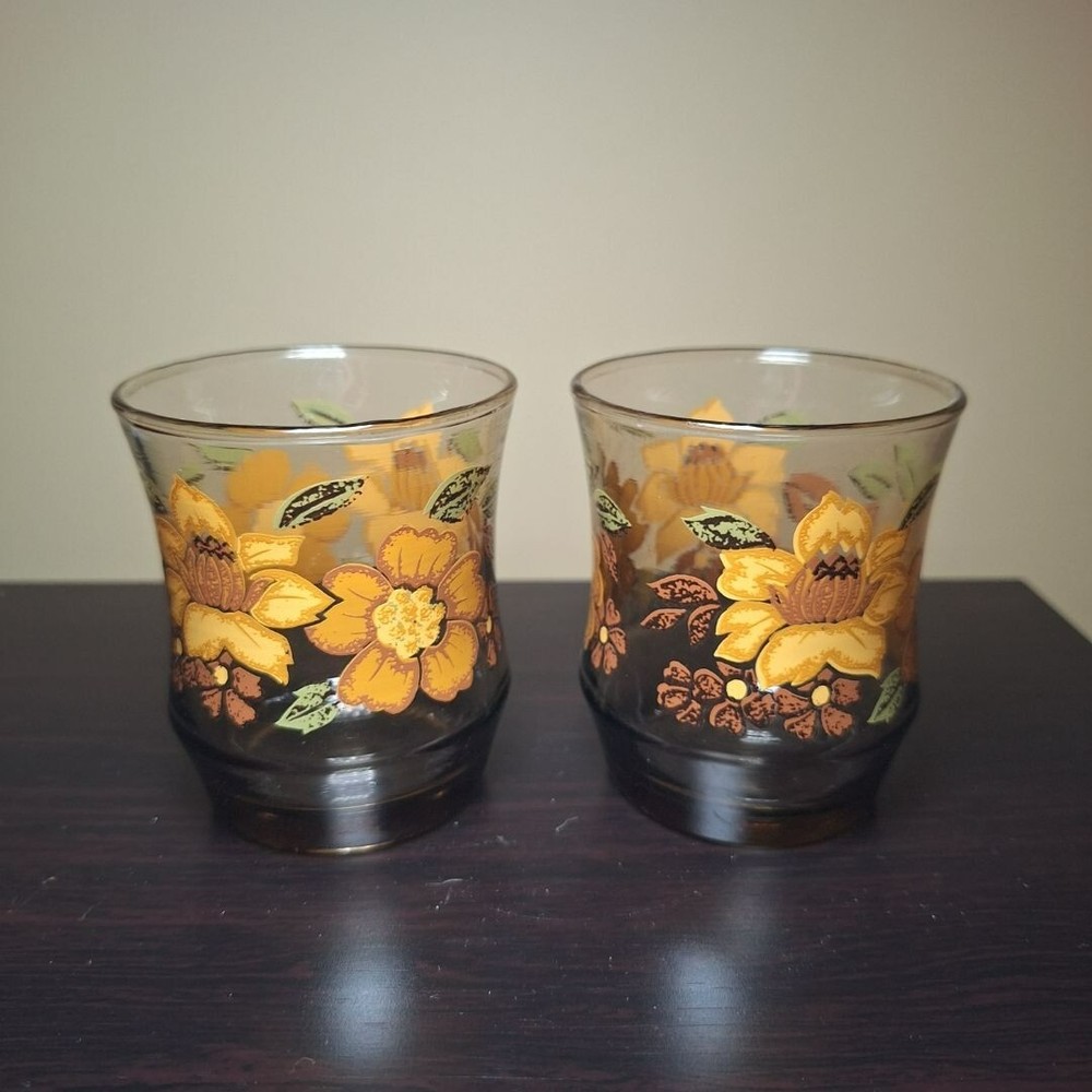Libbey Juice Glasses Small Vintage Pair 2 Floral Cups Golden Brown Fall Granny