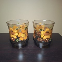 Libbey Juice Glasses Small Vintage Pair 2 Floral Cups Golden Brown Fall Granny
