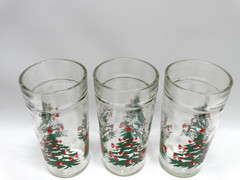 Set of 3 Vintage Golden Harvest Christmas Tree Glass Tumblers Anchor Hocking