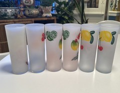 6 Vintage 60s Federal Glass Frosted Fruit Tom Collins Cocktail Tumblers MCM Bar