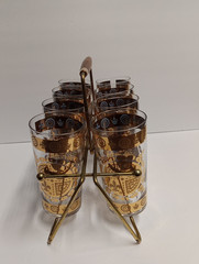 Vito Bari Fleur-De-Lis 22k gold highball glasses with a caddy Barware Drinkware