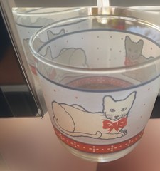 SET of 5 VTG LIBBEY Cat White Dots Blue Pink (3) 12 Oz (2) 10 Oz