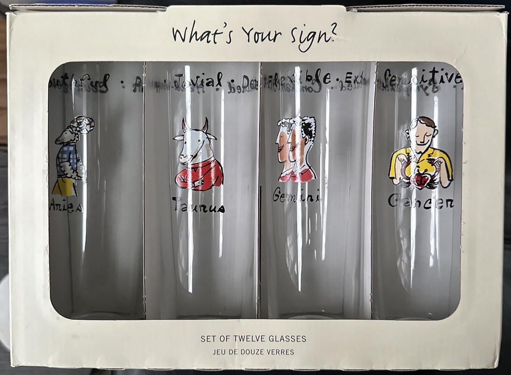 POTTERY BARN “What’s Your Sign” Zodiac Cocktail Drink Glasses 7” Boxed NEW