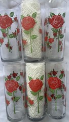 Vintage Anchor Hocking Glasses Tumbler Red Rose, Climbing Roses Set Of 6 MCM 6”H