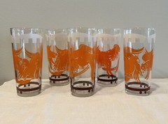 5 Vintage Hazel Atlas Big Top Circus Drinking Glasses Orange Parrots 6.5” MCM