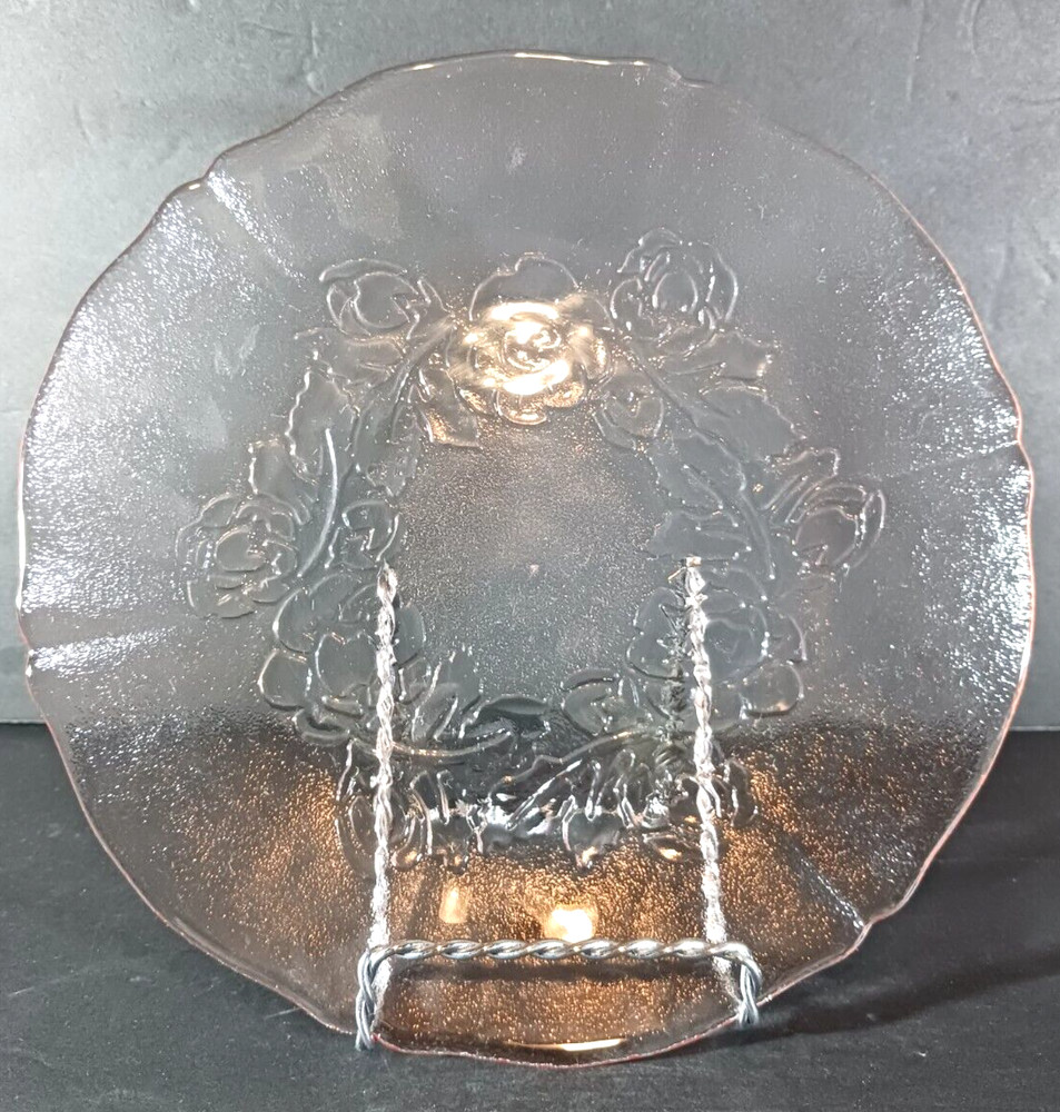 Vintage ARCOROC France ROSA PINK Glass Salad Plate ROSES 7 1/2″