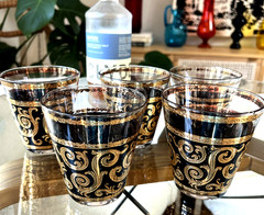 Culver Ebony Baroque Black 22K Gold Rocks Glasses Set 5 Vintage Signed Beauties