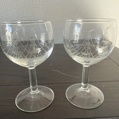 2 Ship Seagulls Etched Wine Glasses France 5″ Vintage Nautical Sea Decor Dining