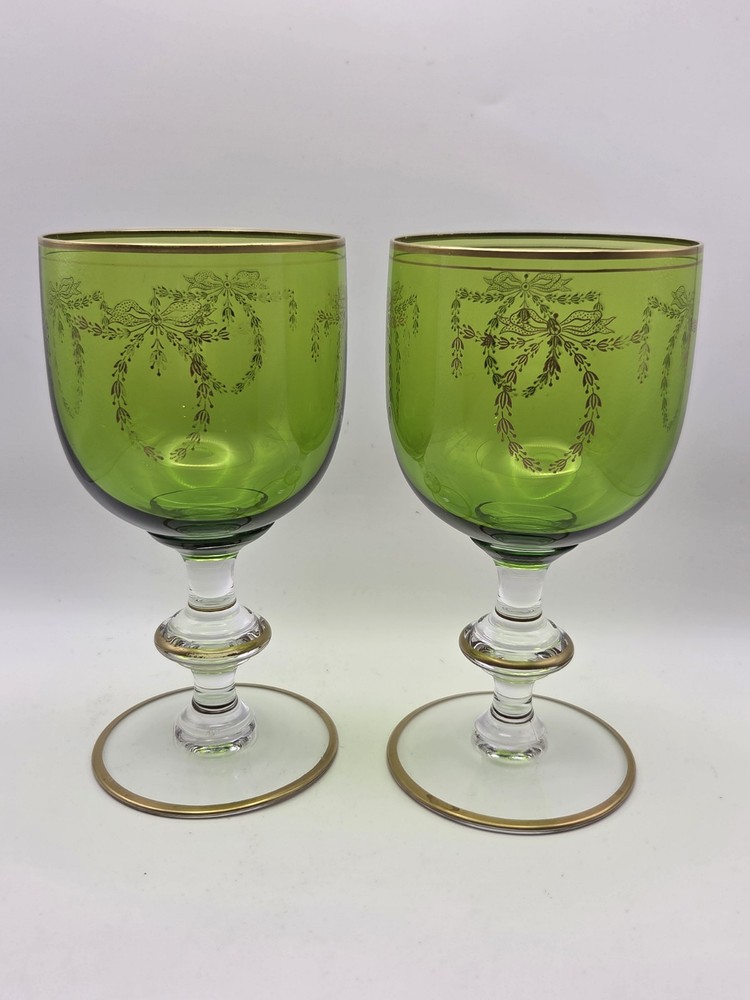 2 Green Glass Goblets Gilded Rims Gold Decoration Art Nouveau