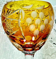Cut to Clear Glass Crystal 8” Set of 6 Nachtmann Amber Yellow Hock Wine Glasses.