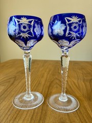 2 Vtg Nachtmann Cobalt Blue Cut to Clear Crystal Wine Glass 8-1/4″