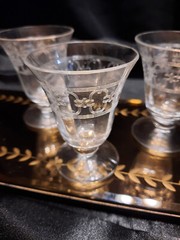 3 Antique/Vintage Optic Footed Arabesque Needlepoint Etch Cordial Glasses Set