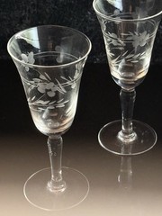 Vintage Etched Floral Cordial Glasses Set of 2 5” Liqueur Aperitif Glasses