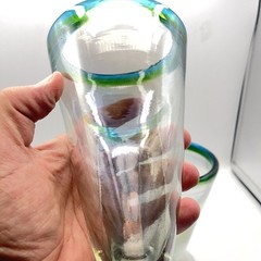 Three Hand Blown Stemware V-Shaped Glasses All Iridescent Green & Blue Band