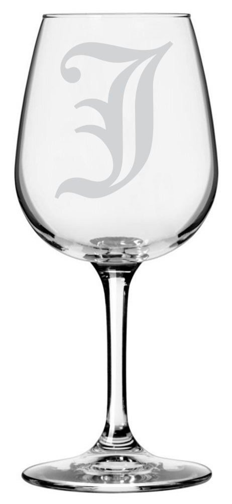 Old English Etched Monogram Stemmed 12.75oz Wine Glass (Letter J)
