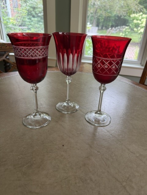 3 CRYSTAL ruby red clear to cut wine glasses THESE ARE VINTAGE & EXCELLENT 8 1/4