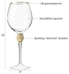 Set Of 6 Z Gallerie Crystal Wine Glass with 24 K Gold & Diamond Stud Detailings.