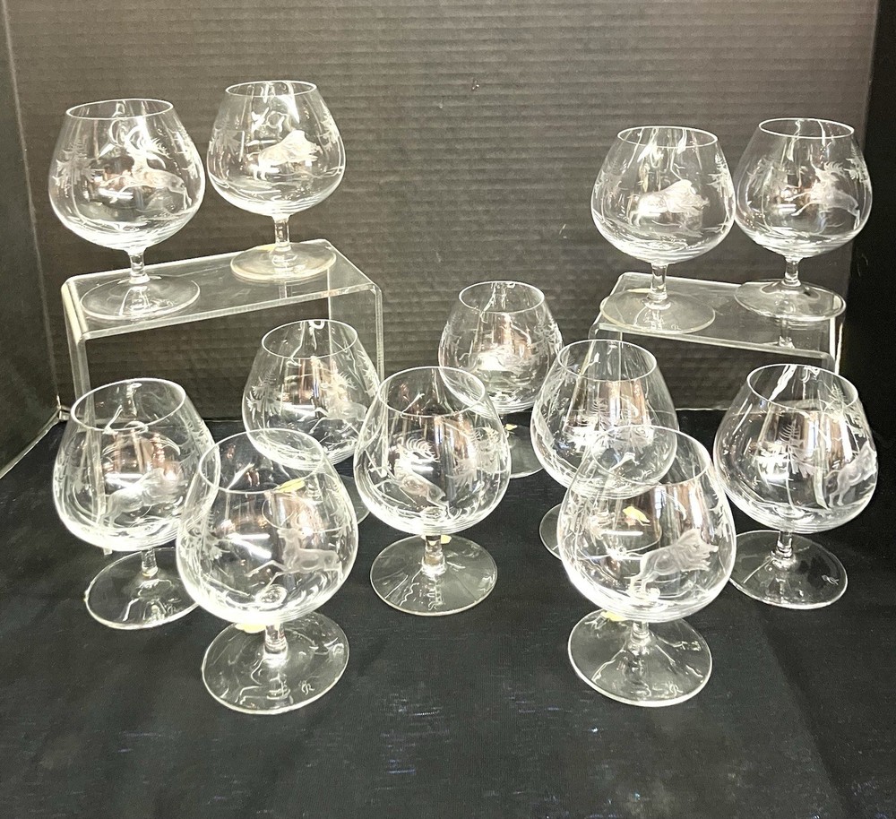 12 Rosenthal Intaglio Cut Crystal Deer & Boar Snifters